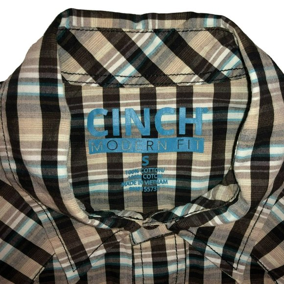 WESTERN PLAID PEARL SNAP SHIRT SIZE S MODERN FIT BROWN TAN COWBOY CINCH MENS - Picture 3 of 4